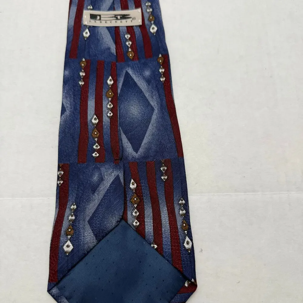 JT Beckett Silk Tie Blue Diamond Vertical Stripe Burgundy Italy Made